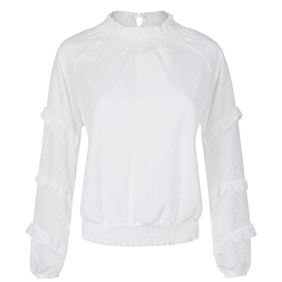 New Ruffled Sheer Sleeve Mock turtleneck Blouse - Picture 6 of 7